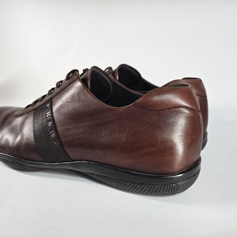 PRADA Sport Leather Low Sneakers Mens Size 11 Brown Solid Italy Shoes Luxury - Picture 4 of 16